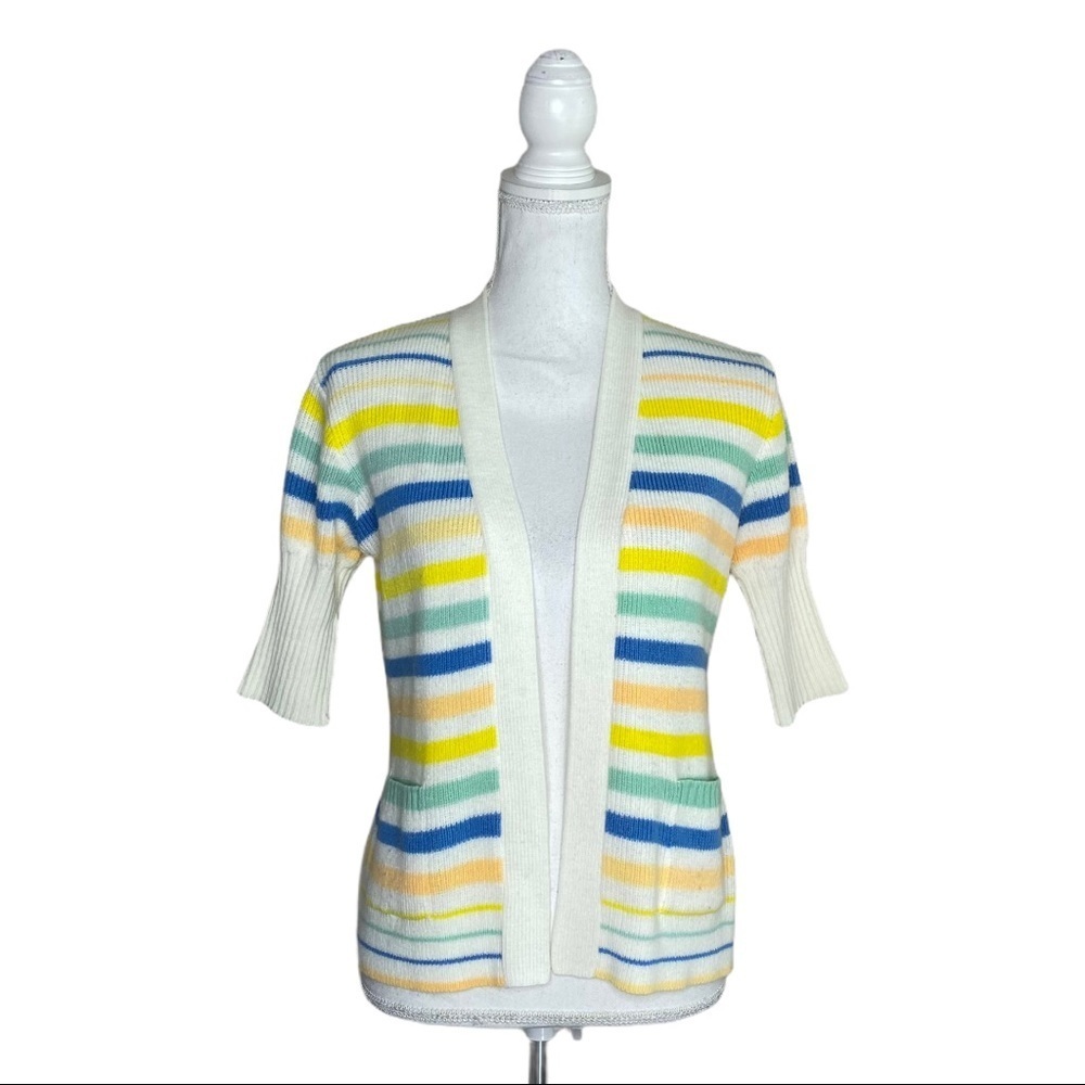Vintage Knit Open Front Cardigan Pockets Pastel Stripes White Yellow Blue
